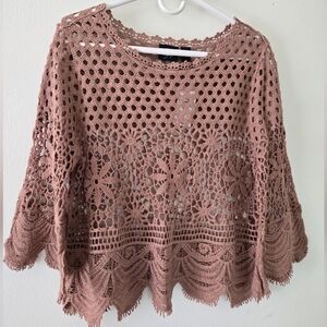 Daytrip Crochet Lace Bell Sleeve Top Brown Size Medium